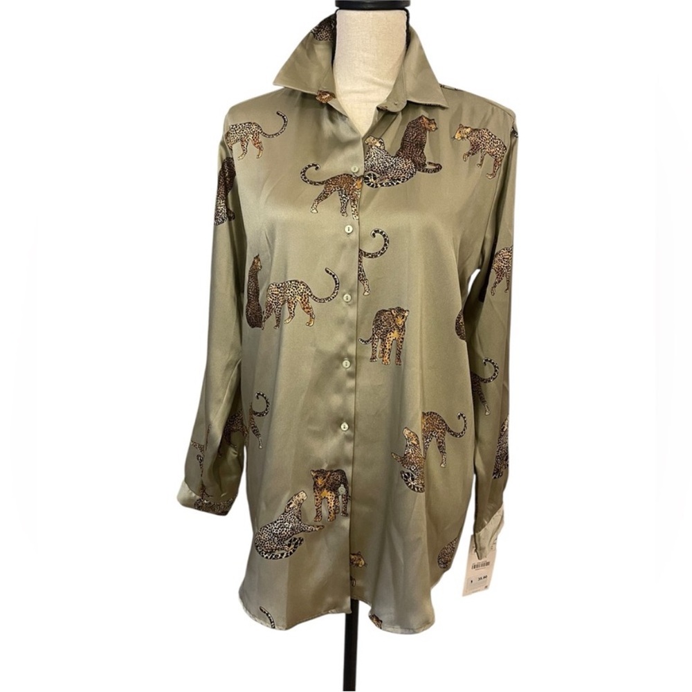 Zara satin button down cheetah novelty print career office work wear medium NWT